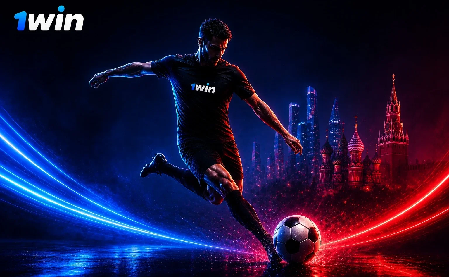 ставки на спорт 1win футболист с мячом на фоне ночного города